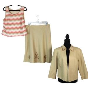 JH Collectibles LINEN Blend Skirt Suit Set 3 Piece Tank Khaki Beaded 14P Petite